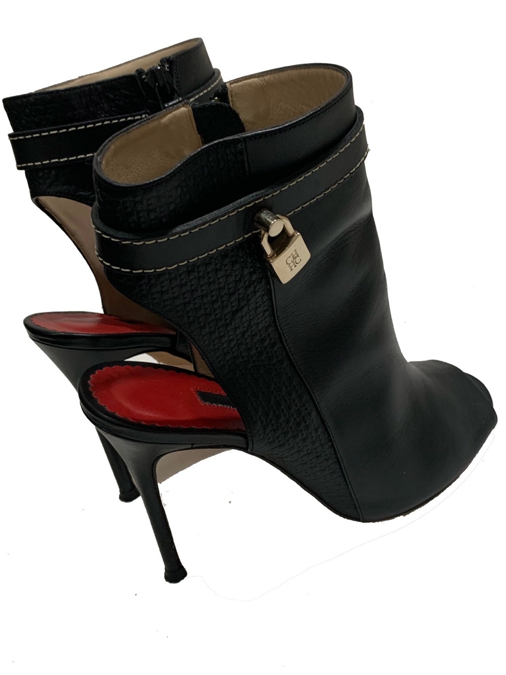Carolina Herrera Black Leather Open-Back Stiletto Booties with Gold Padlock